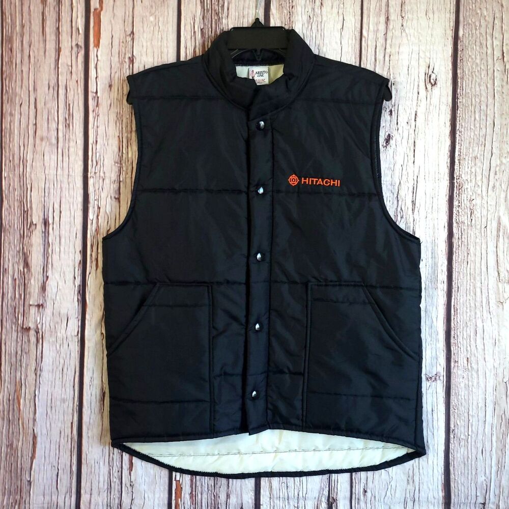 Aristo Jac Mens Black Hitachi 70s Vintage Insulated Puffer Vest Snap Medium
